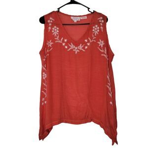 Panhandle Red Floral White Embroidered Sleeveless V-Neck Blouse Tank Size Large